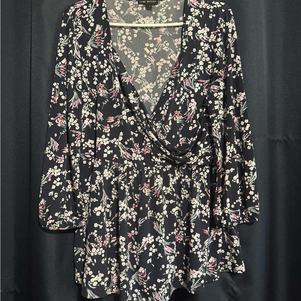 Lane Bryant Floral Wrap Blouse - Black and Pink